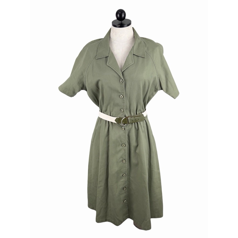 Vintage 80s Blair Boutique Olive Green Shirt Dress Belted Womens 12 Safari